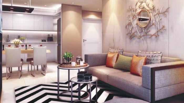 Penampakan ruang keluarga di apartemen DP 5 persen, The Kensington Royal Suites