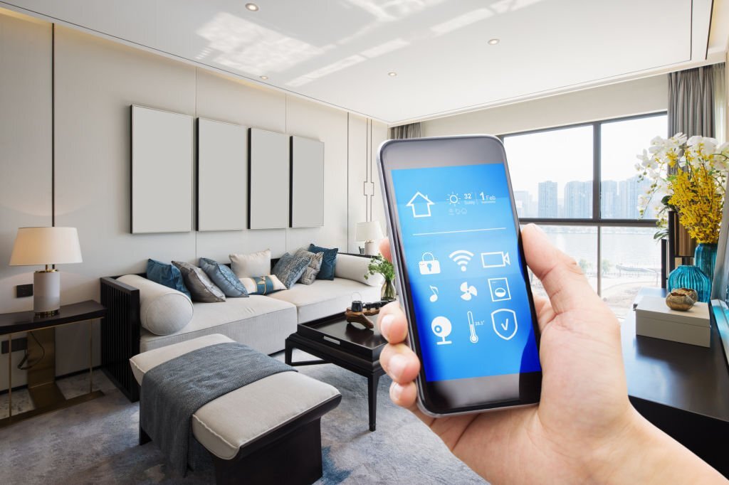 smart home system on mobile phone with background of modern living room